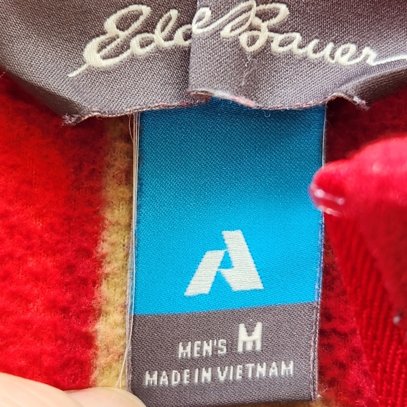 EDDIE BAUER Mens Pullover Medium Red Fleece Quarter Zip Geometric Pocket - Picture 3 of 13